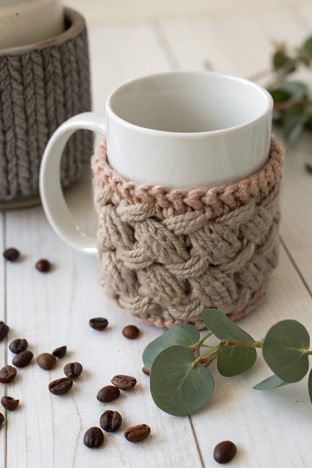 Add warmth and charm to your mornings with a handmade knitted mug cozy. Perfect for a touch of personalized elegance.