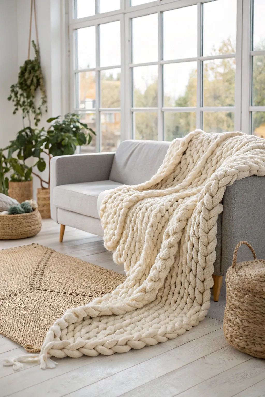 Wrap yourself in warmth and style with this handcrafted chunky knit blanket, the perfect blend of cozy and chic for your living space.