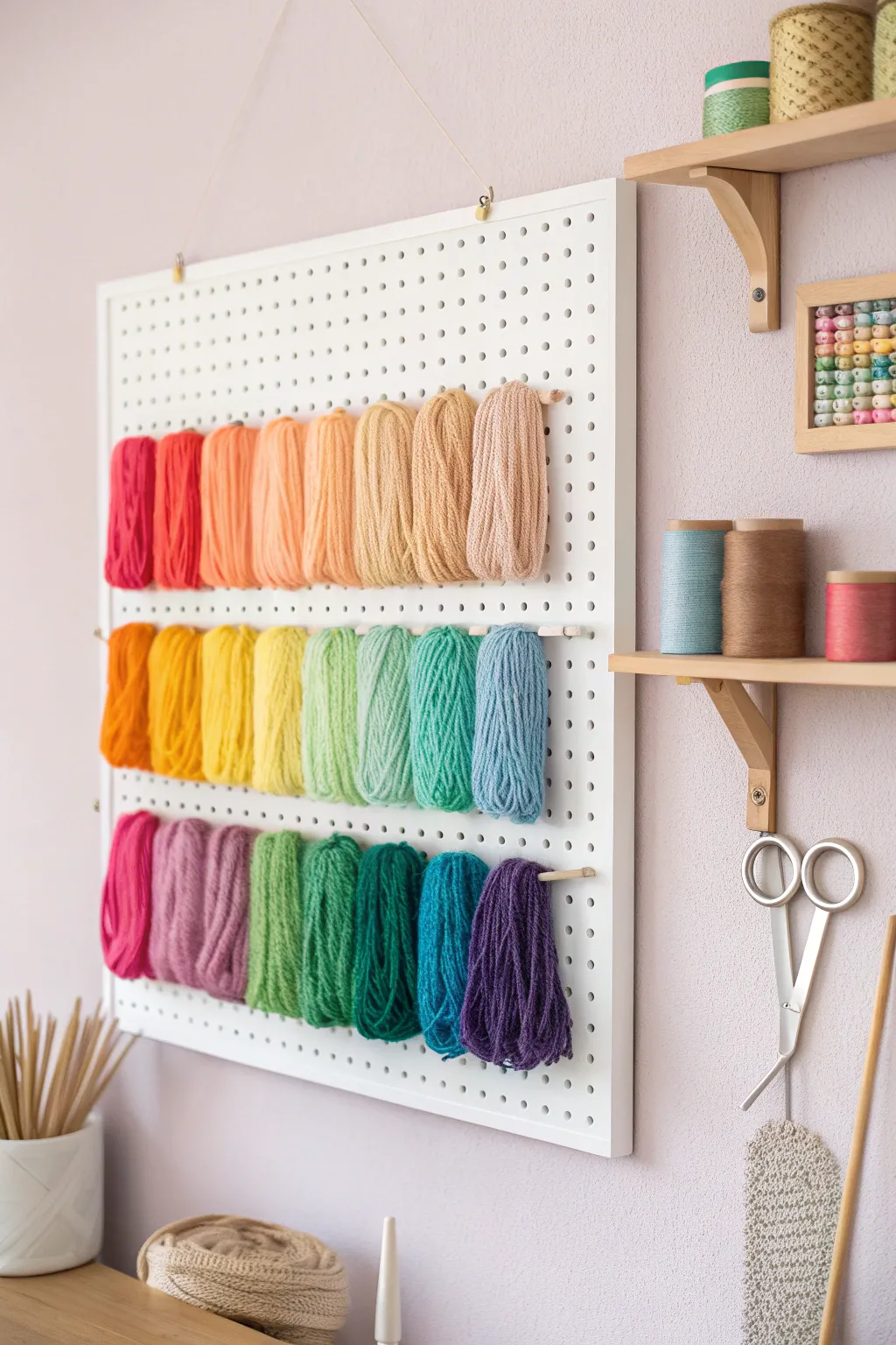 Transform your knitting space with a stylish pegboard—functional, colorful, and oh-so-chic!