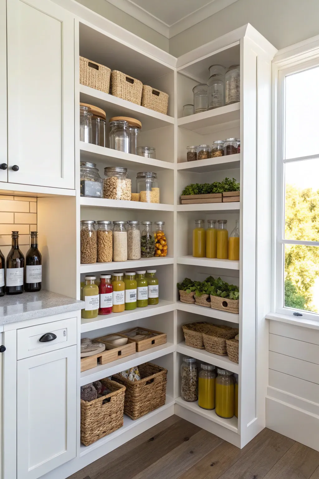 Customizable shelving heights in an L-shaped pantry for versatile storage options.