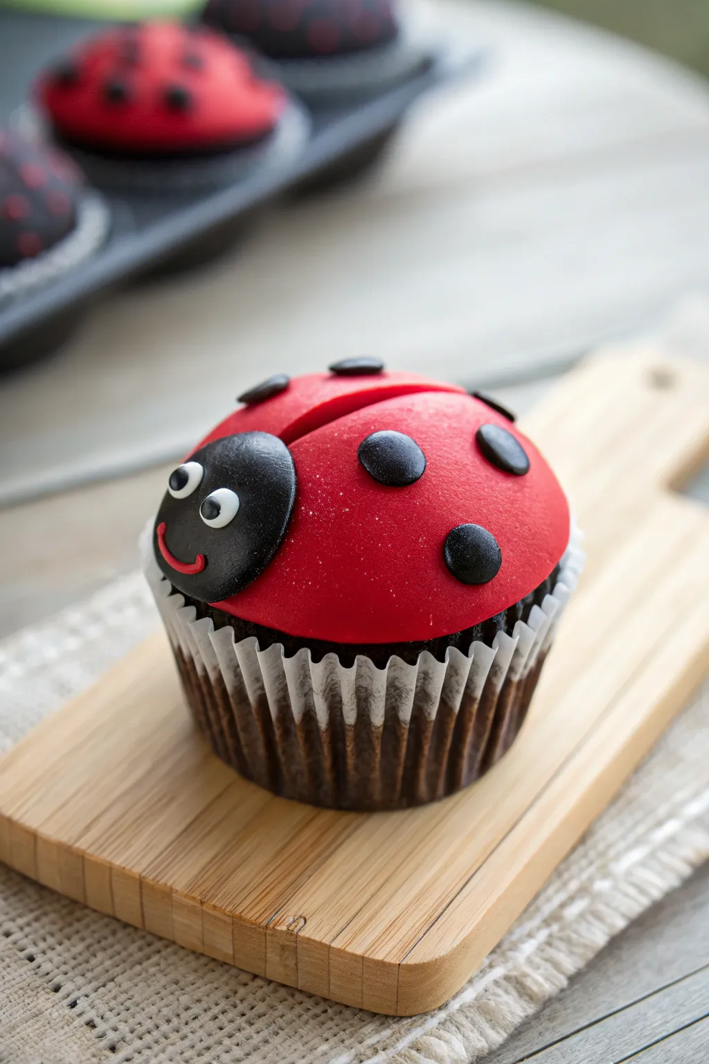 Delight in the art of fondant with this charming ladybug cupcake, where simplicity meets elegance in every detail.