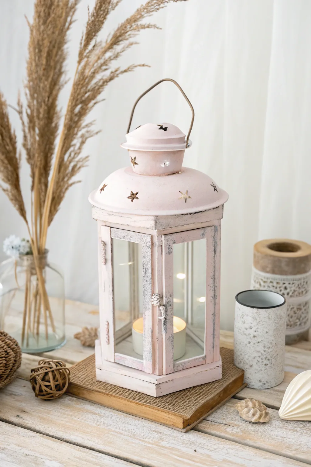 Embrace rustic elegance with chalk-painted lanterns for a charming farmhouse touch.
