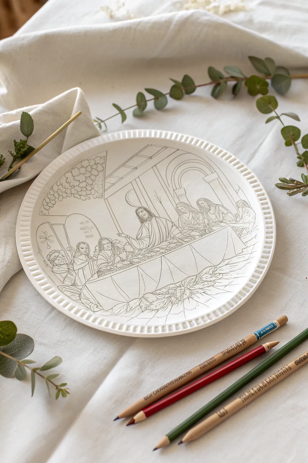 Unleash your creativity with this Last Supper coloring plate—a perfect blend of simplicity and artistry.