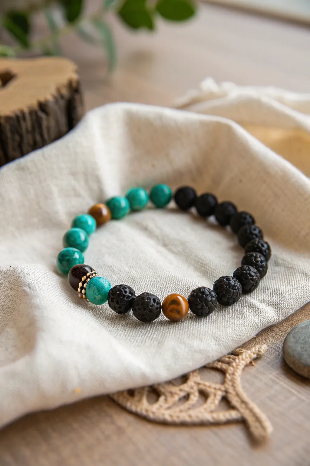 Embrace the natural elegance of vibrant turquoise and tiger's eye with timeless lava beads.