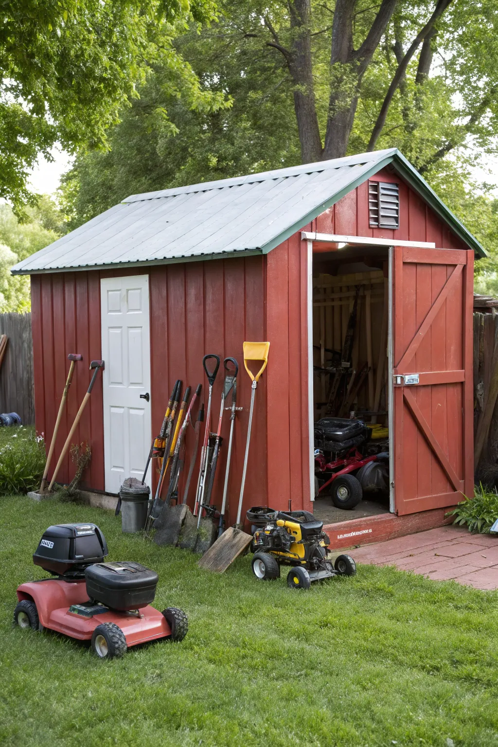 An organized outdoor shed providing a safe haven for lawn mowers.