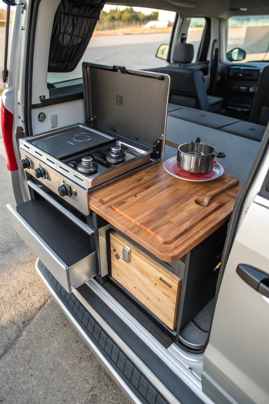Discover the art of efficient living with this expertly crafted slide-out kitchen, perfect for the adventurous spirit.