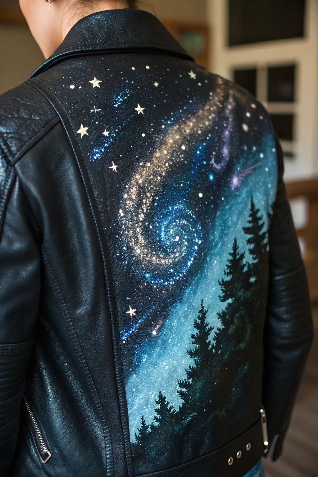 Elevate your style with a cosmic masterpiece on leather.