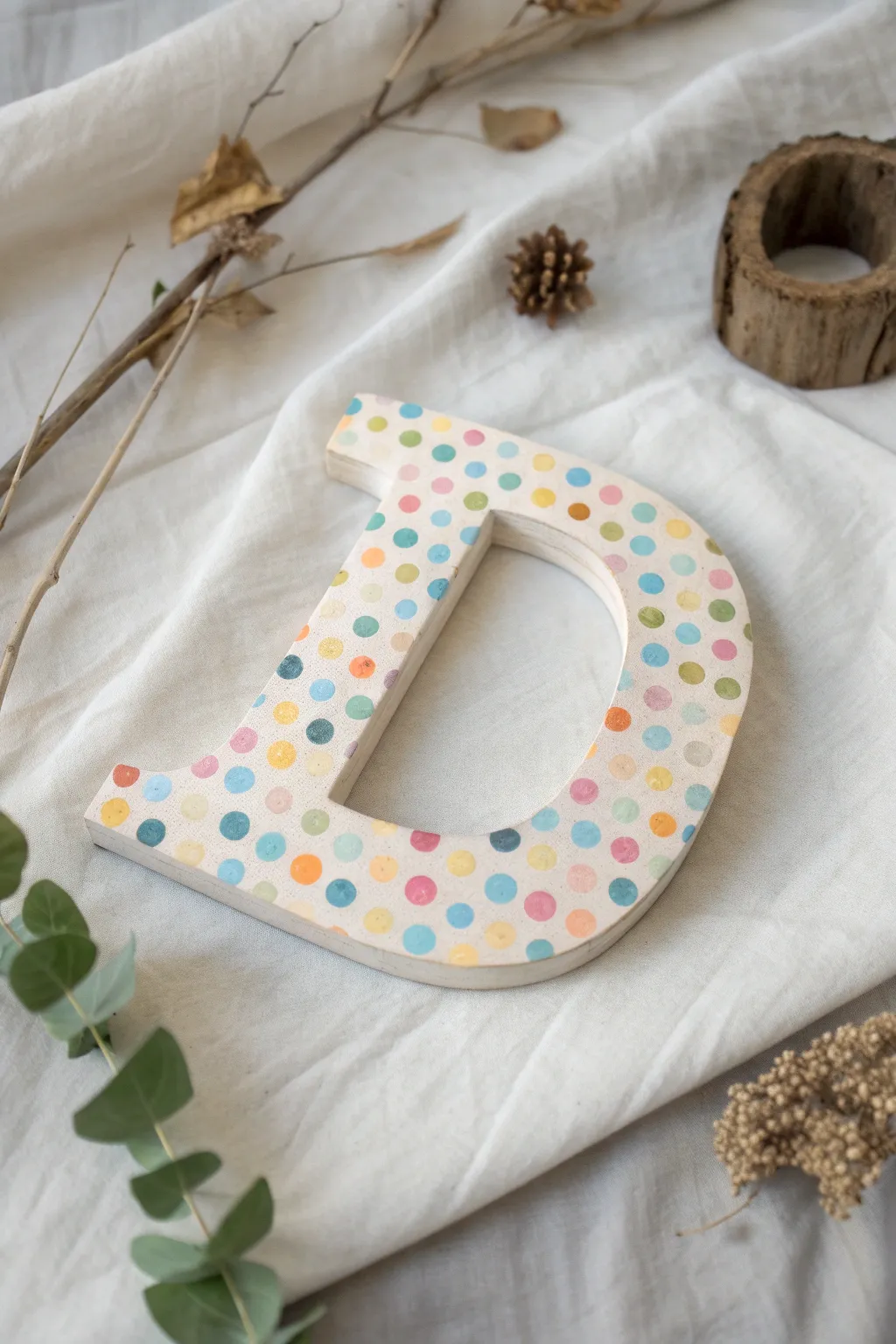 Unleash your creativity with dazzling dots on a simple wooden 'D'—a perfect blend of minimalist design and boho flair!