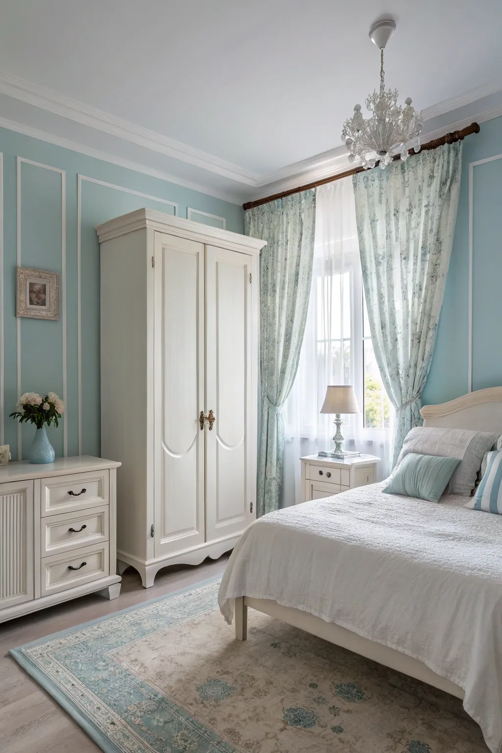 A bedroom that captures the tranquility of pastel blue hues.