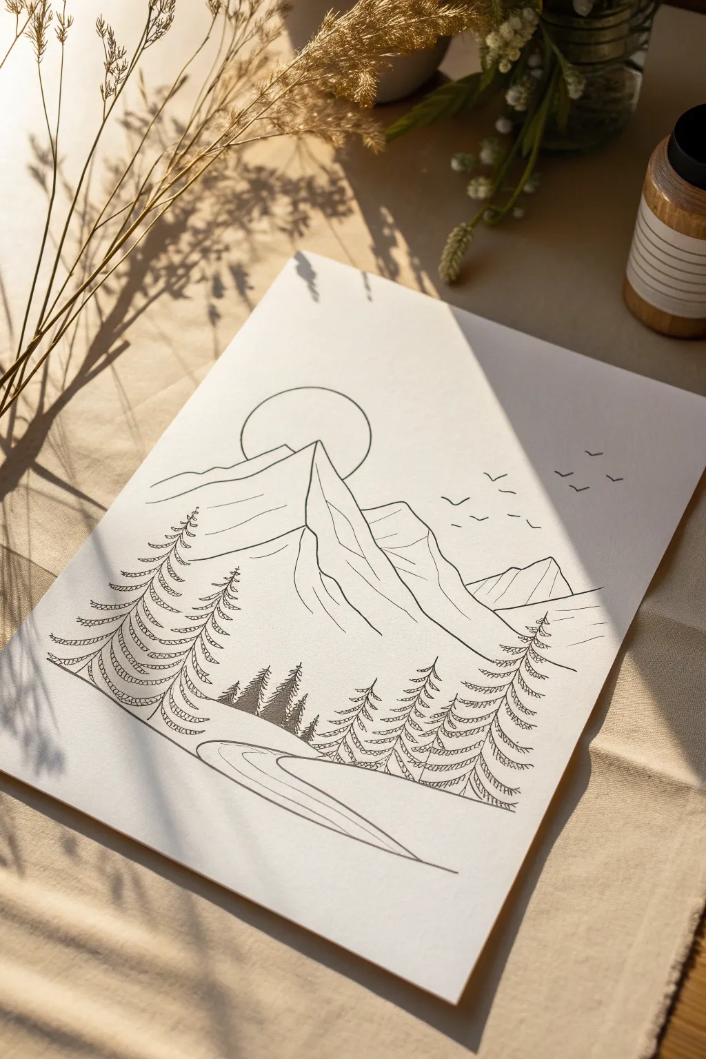 Capture tranquility with every line. Discover the art of simplicity in your own serene mountain landscape.