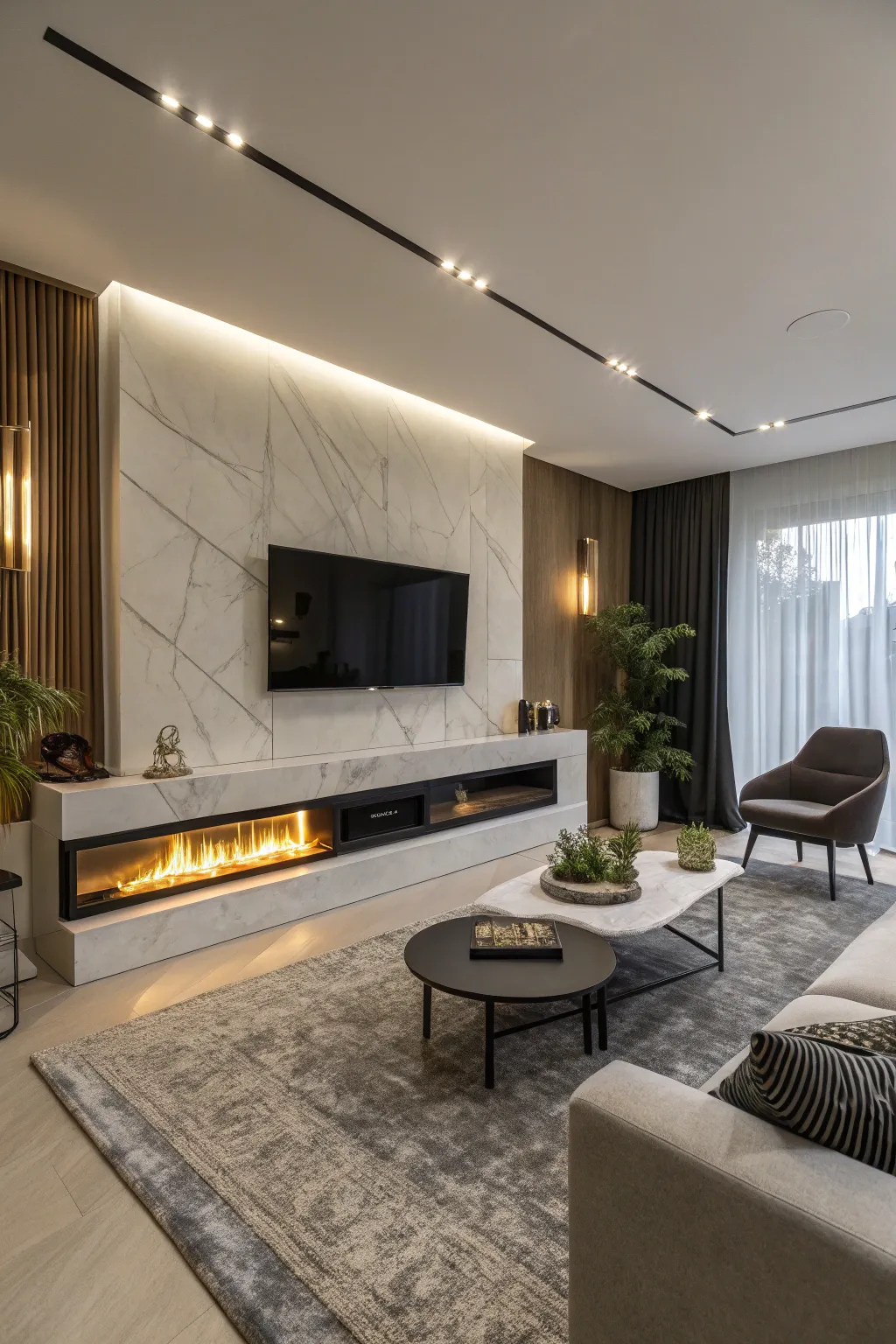 A low and wide fireplace creates a sleek, modern look.