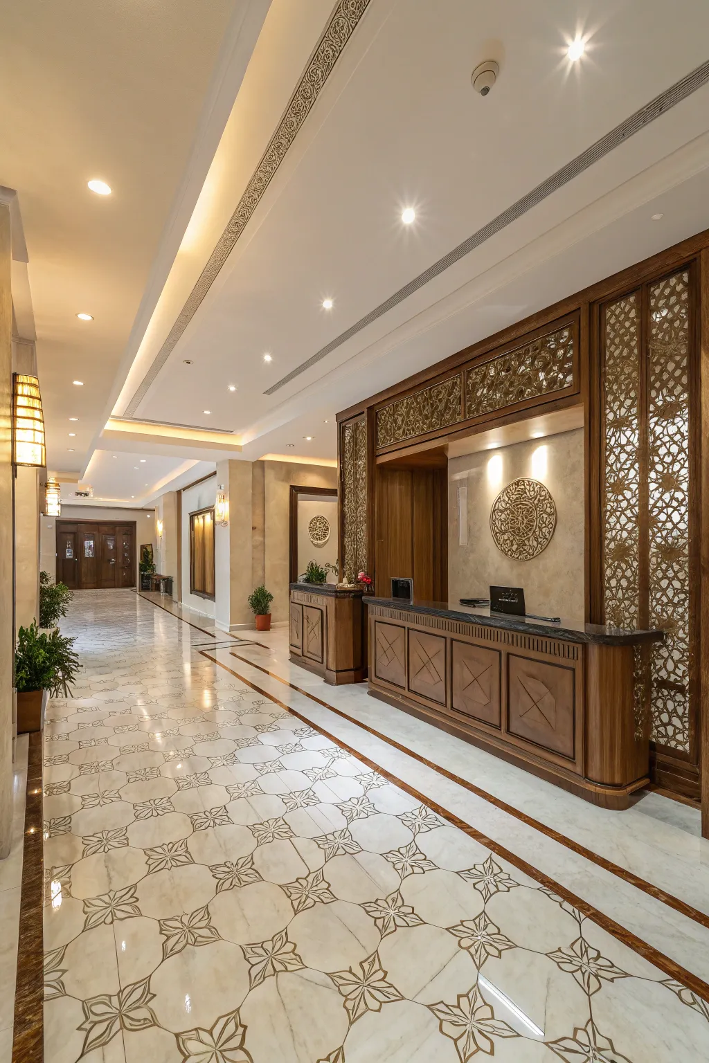 Sophisticated use of marble and wood in a lobby setting.