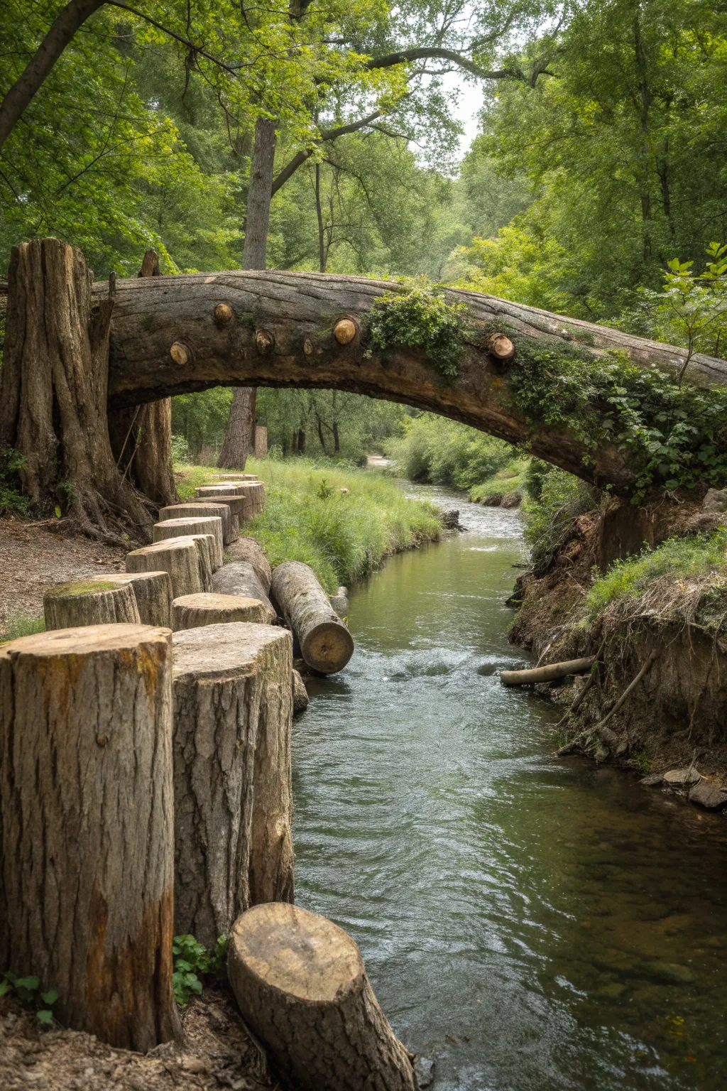 Craftsmanship meets nature: A log bridge elegantly supported by repurposed tree stumps.