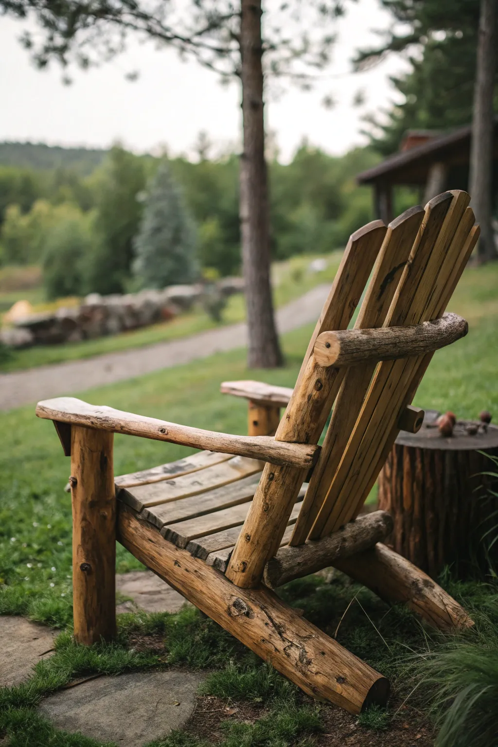Experience the art of relaxation with this handcrafted Adirondack log chair, where nature meets craftsmanship.