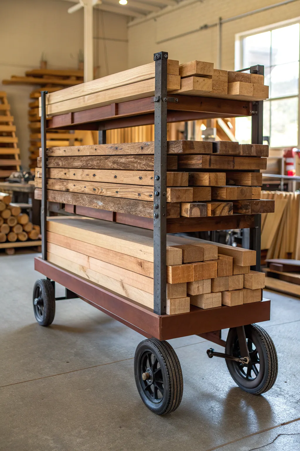 Elevate your workshop with a mobile lumber cart – the craftsman's essential for effortless organization.