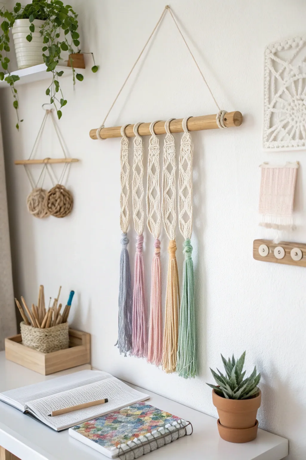 Transform your space with vertical elegance: a macrame workstation that blends simplicity and style.