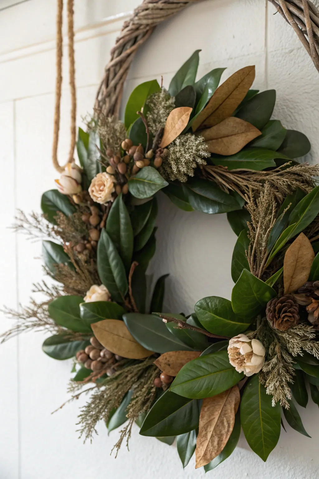 Embrace rustic charm with this elegant magnolia wreath, perfect for adding a cozy touch to your autumn decor.