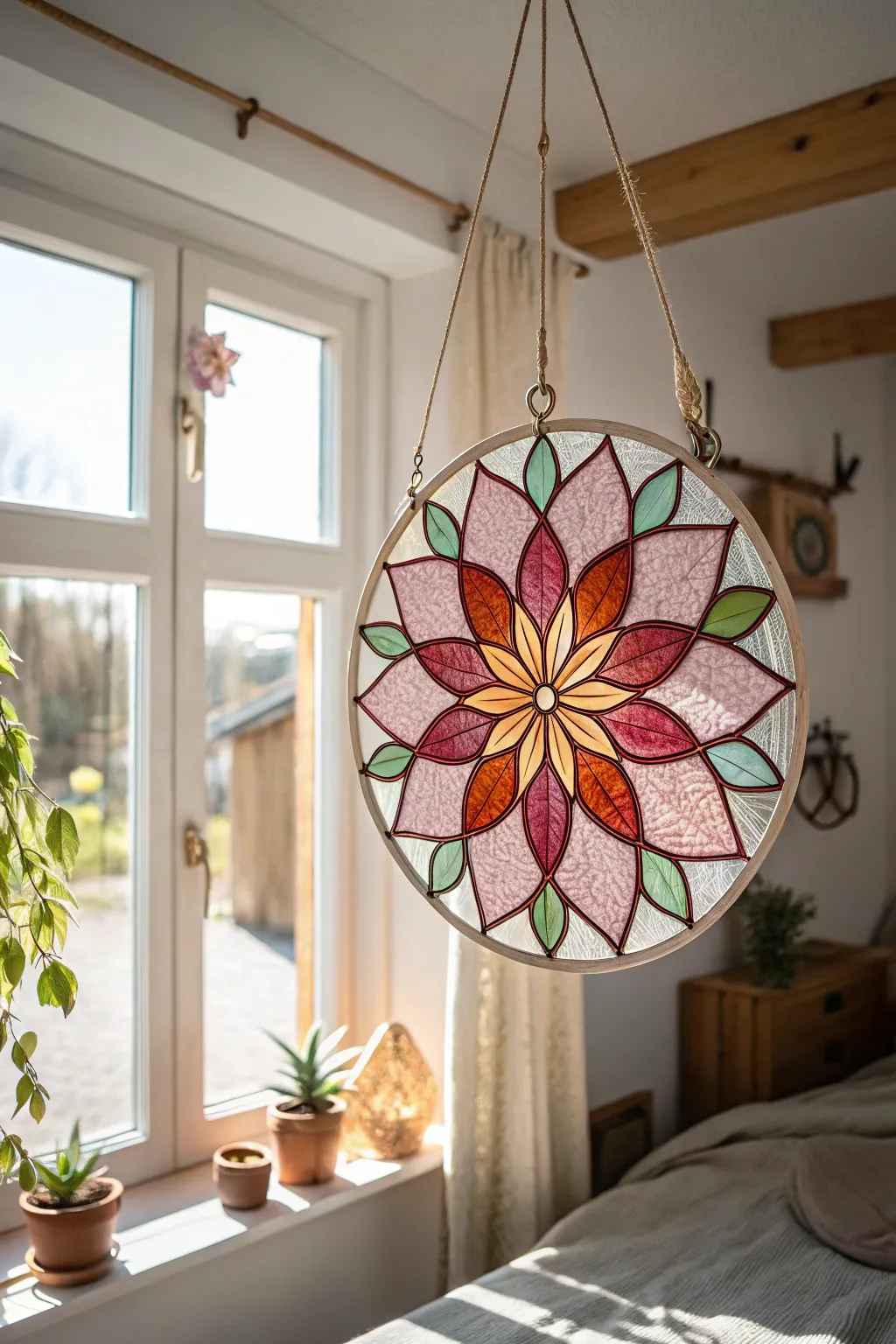 Illuminate your space with the enchanting glow of a flower mandala suncatcher, bringing nature's art into your home.