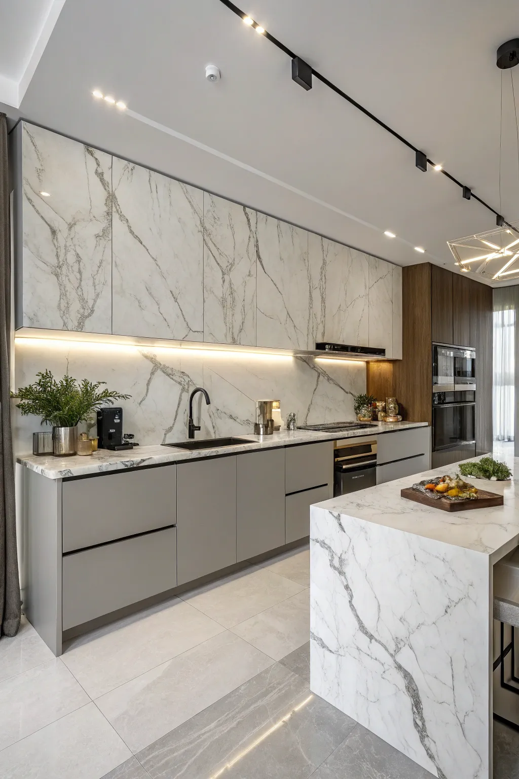 Sleek kitchen design with stunning marble accents.