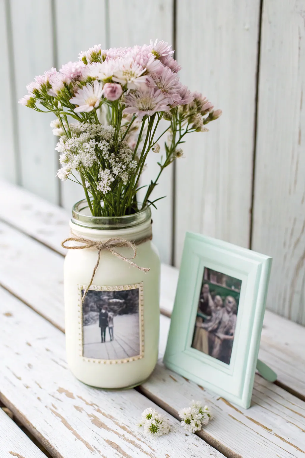 Capture memories in bloom: A minimalist mason jar picture frame vase for Mother's Day.