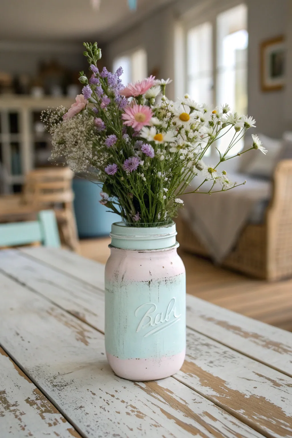 Embrace rustic farmhouse charm with a beautifully distressed mason jar, perfect for showcasing wildflowers in muted, pastel tones.