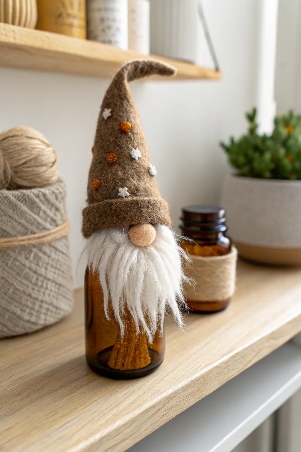 Transform your space with whimsical gnome crafts: a touch of magic from a simple medicine bottle.