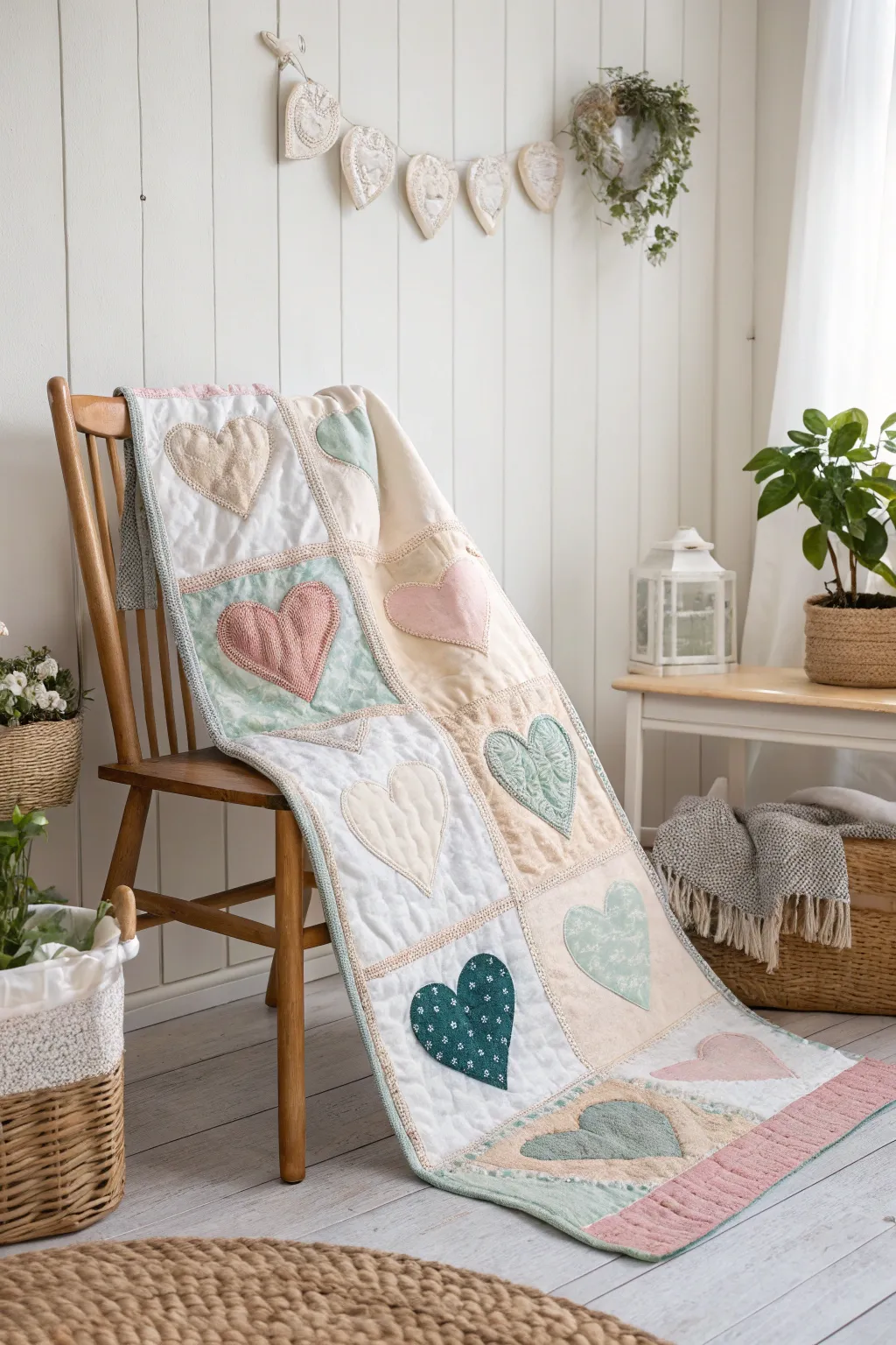 Wrap yourself in love and memories with this heart-shaped patchwork quilt.