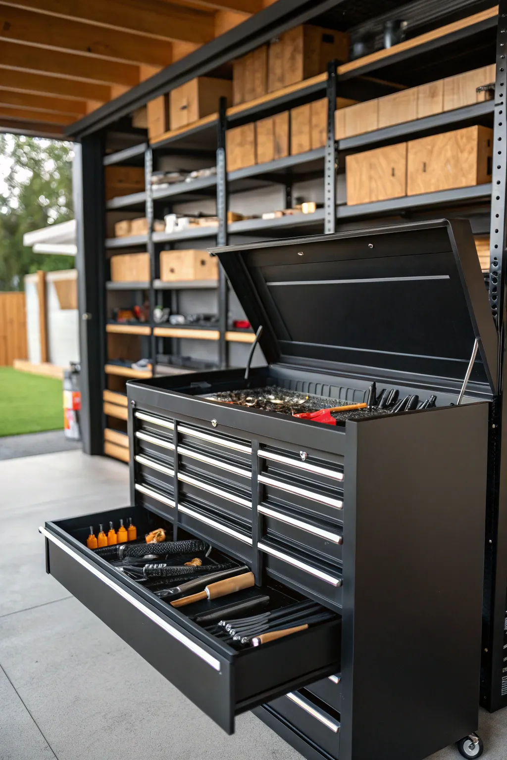 Elevate your DIY game with a sleek metal tool chest in your carport workshop.