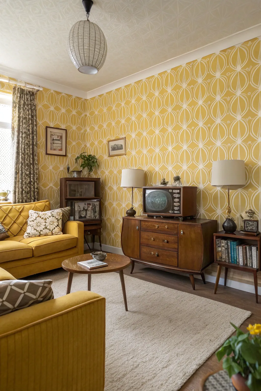 Living room with retro color palette wallpaper and vintage decor.