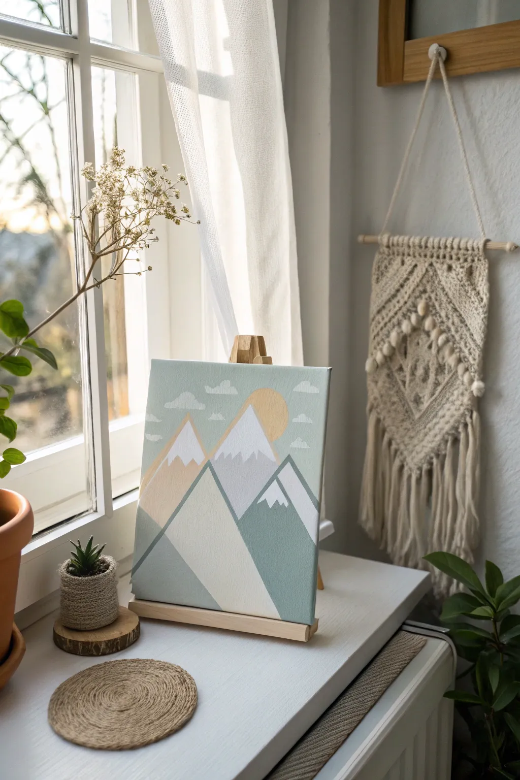 Elevate your space with the tranquil beauty of geometric mountain art. #MinimalistArt #ScandiBoho