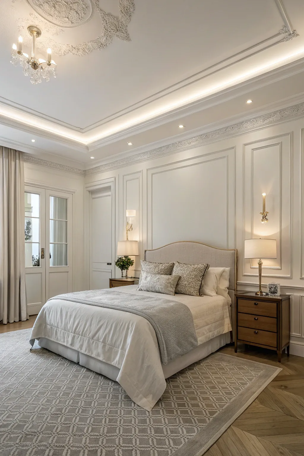 Crown molding in muted white tones enhances a serene bedroom.