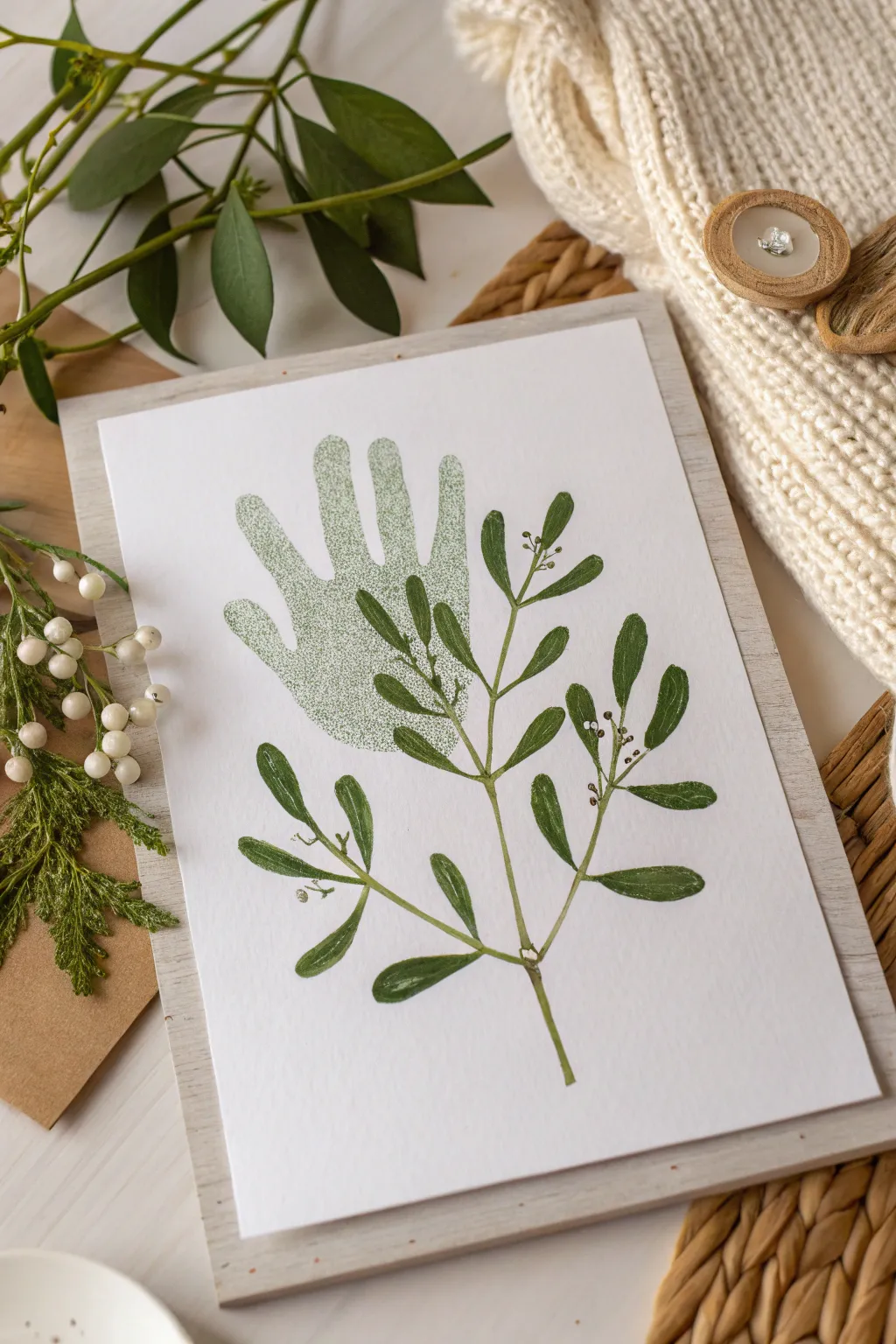 Capture holiday warmth with a handcrafted touch: charming handprint mistletoe art.