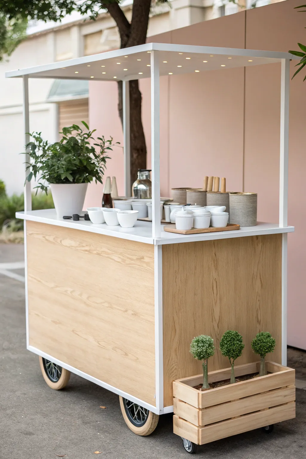 Discover the elegance of simplicity with this minimalist mobile coffee cart—where clean lines meet natural beauty.