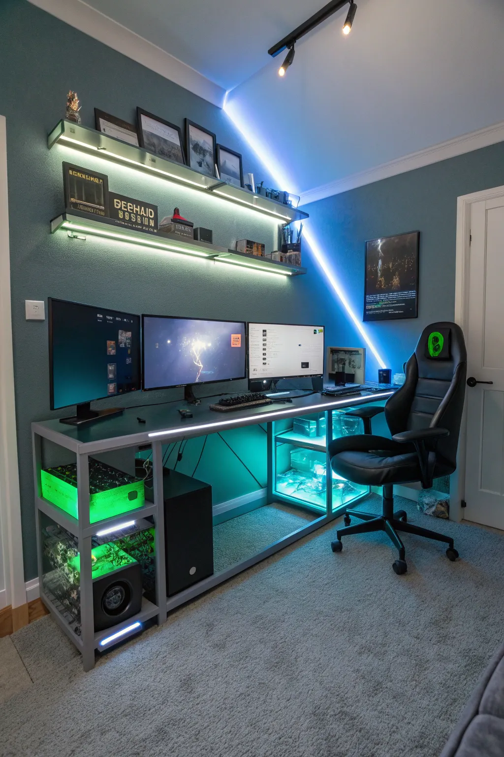 A well-organized gaming desk keeps the clutter at bay and the energy flowing. 🌟 #GamingSetup #InteriorInspo