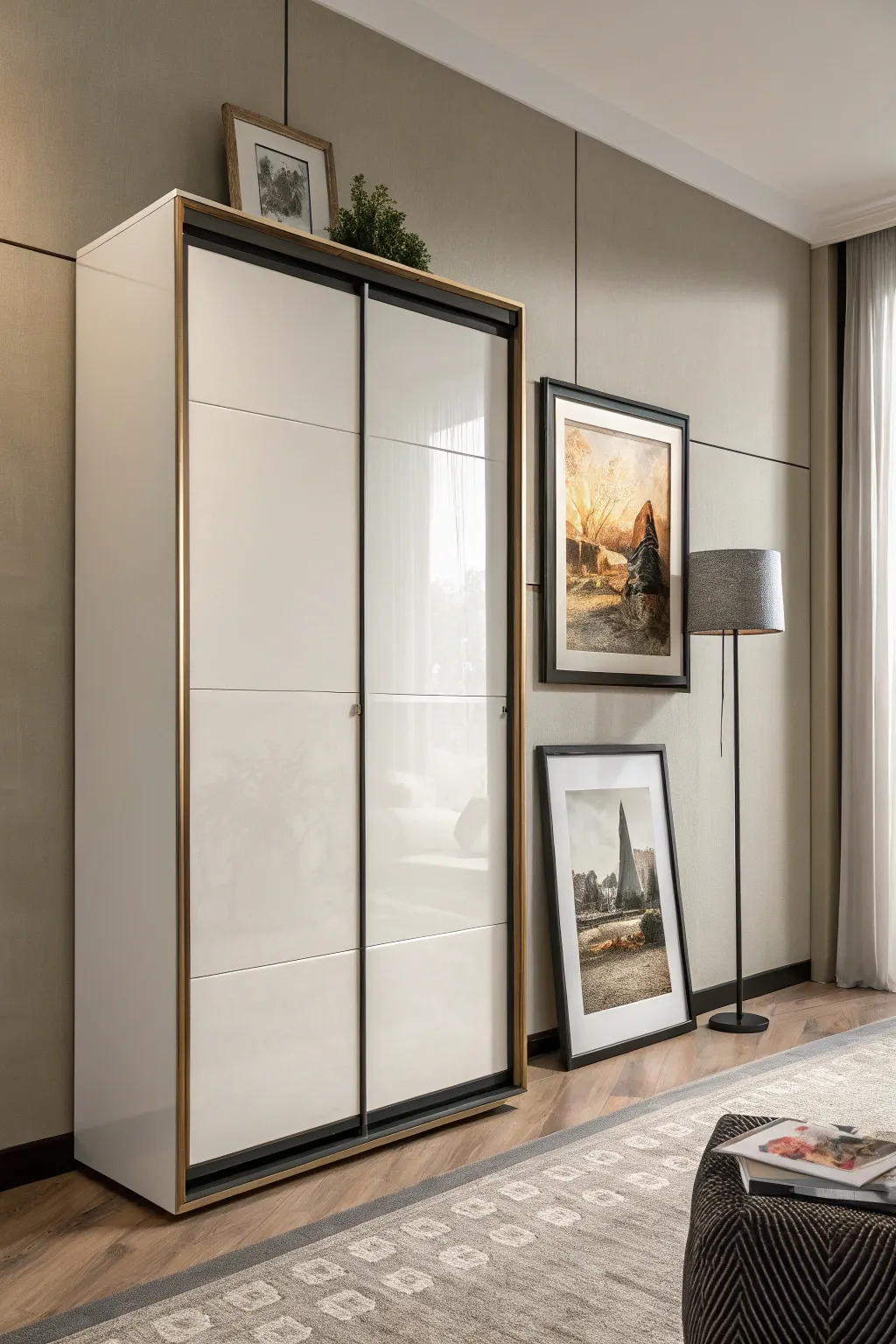 An armoire topped with a bold art statement.