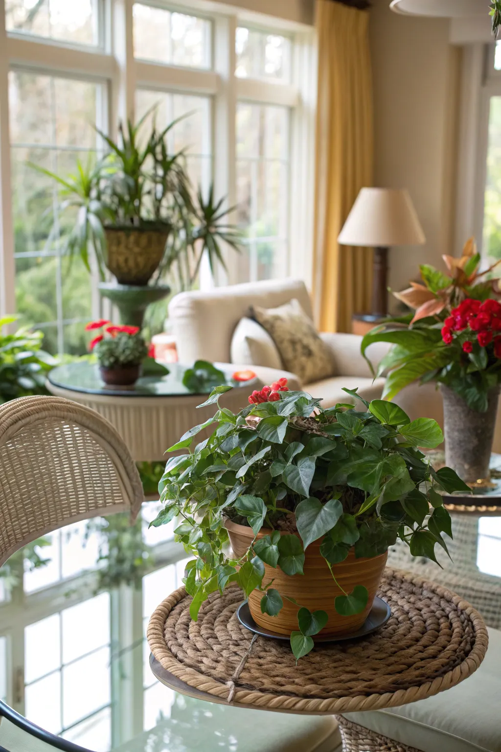 Lush greenery surrounding a glass dining table for an inviting natural vibe.