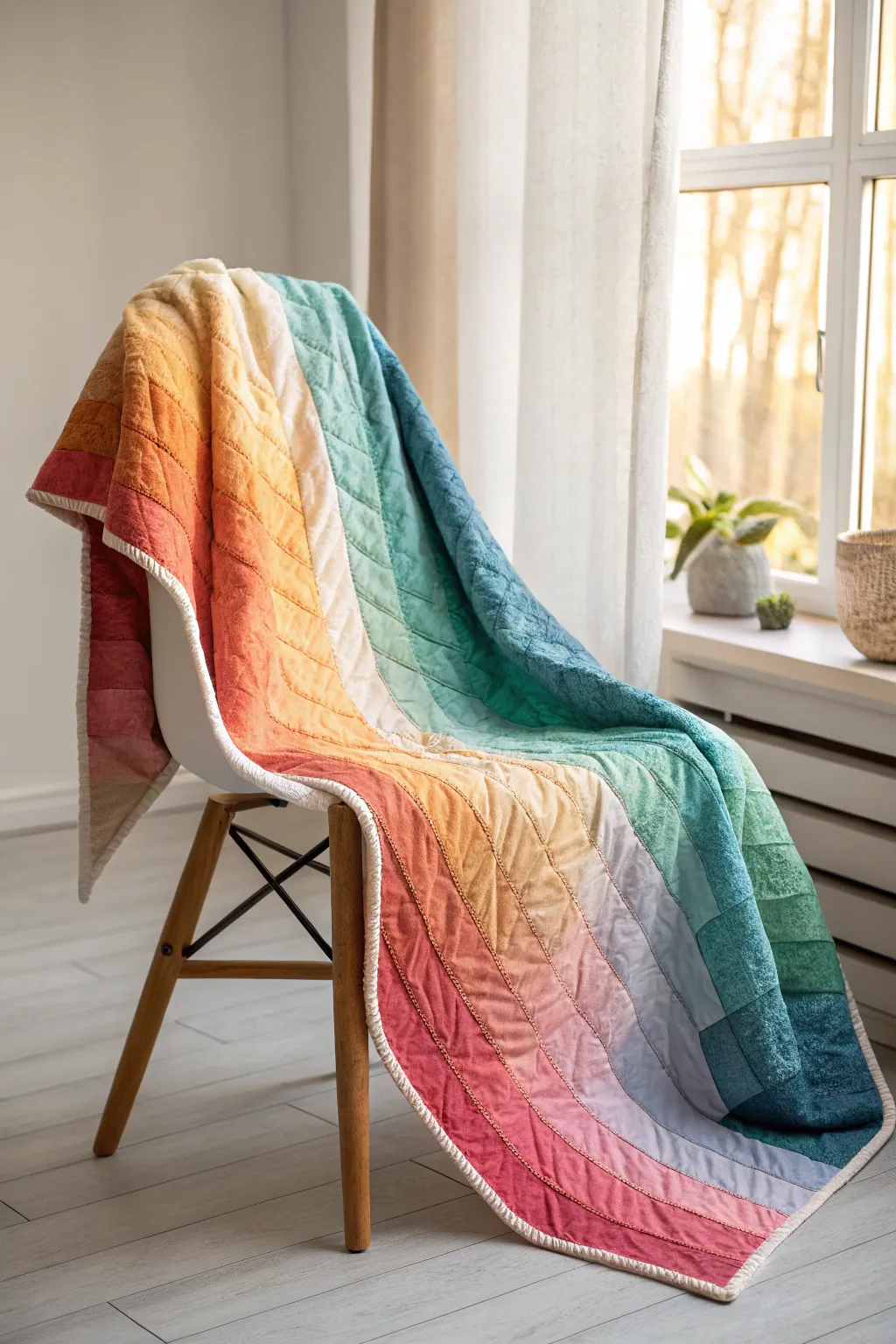 Elevate your space with a quilt that flows with vibrant, harmonious colors, embodying the perfect blend of craft and simplicity.
