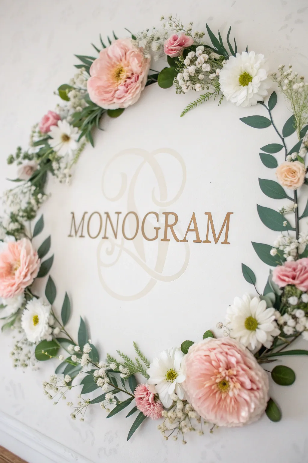 Personalize your space with a beautifully crafted floral wreath monogram, where nature meets elegance.