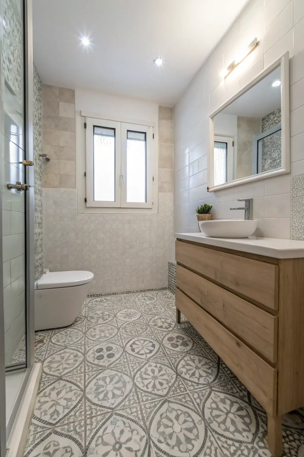 Neutral mosaic floor tiles set the tone for a calming bathroom experience.