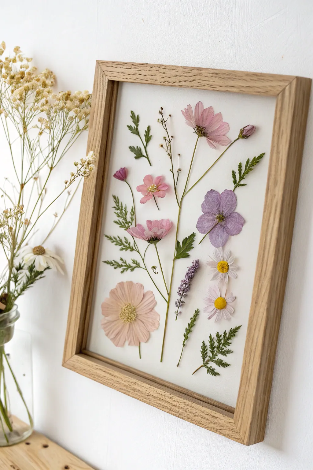 Capture the essence of spring with a minimalist pressed flower art piece, perfect for adding a touch of natural elegance to your home.