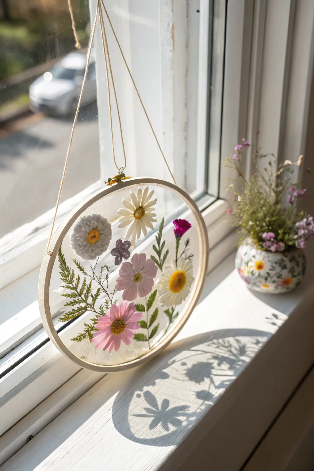 Capture the beauty of spring with a handcrafted pressed flower suncatcher, perfect for brightening up any space.