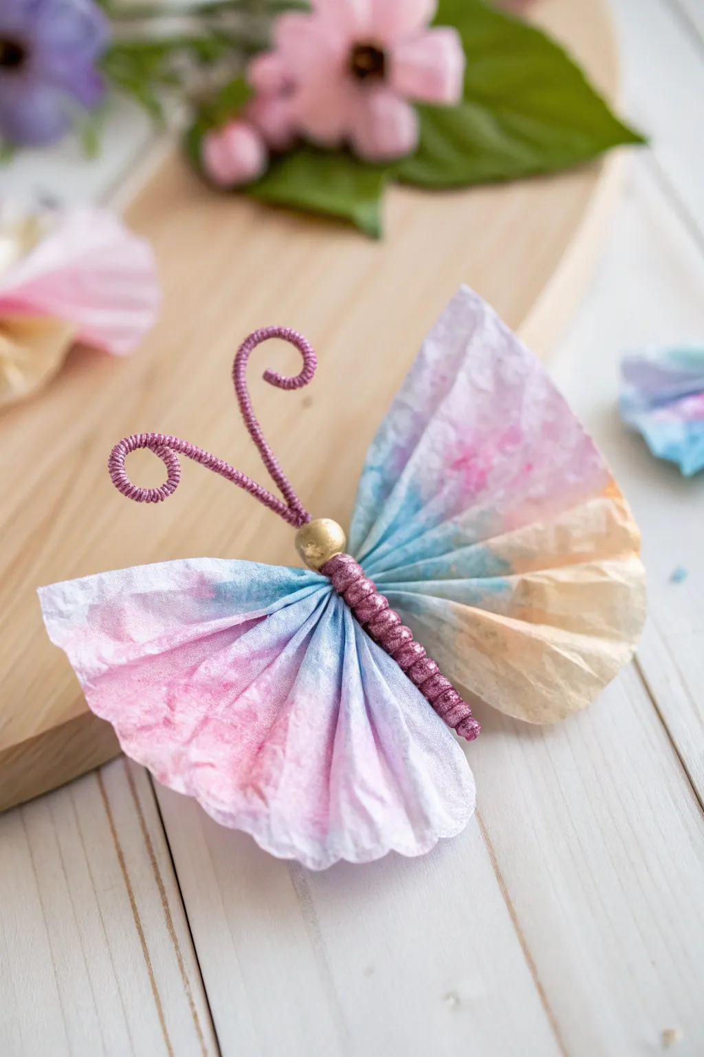 Handcrafted with love: A whimsical coffee filter butterfly to brighten mom's day.