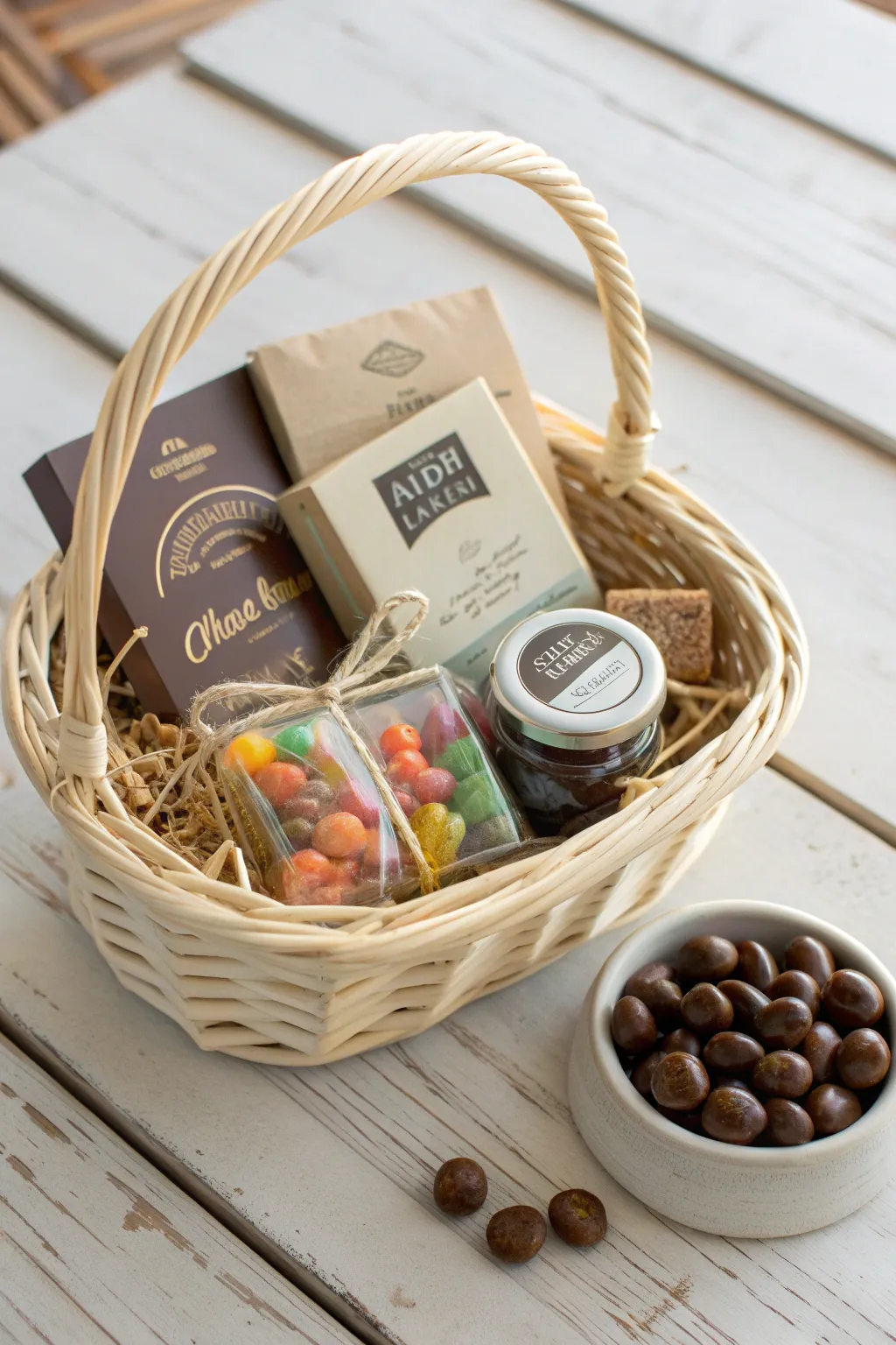 Indulge in Sweet Tooth Satisfaction with this beautifully curated candy basket, perfect for a cozy movie night.