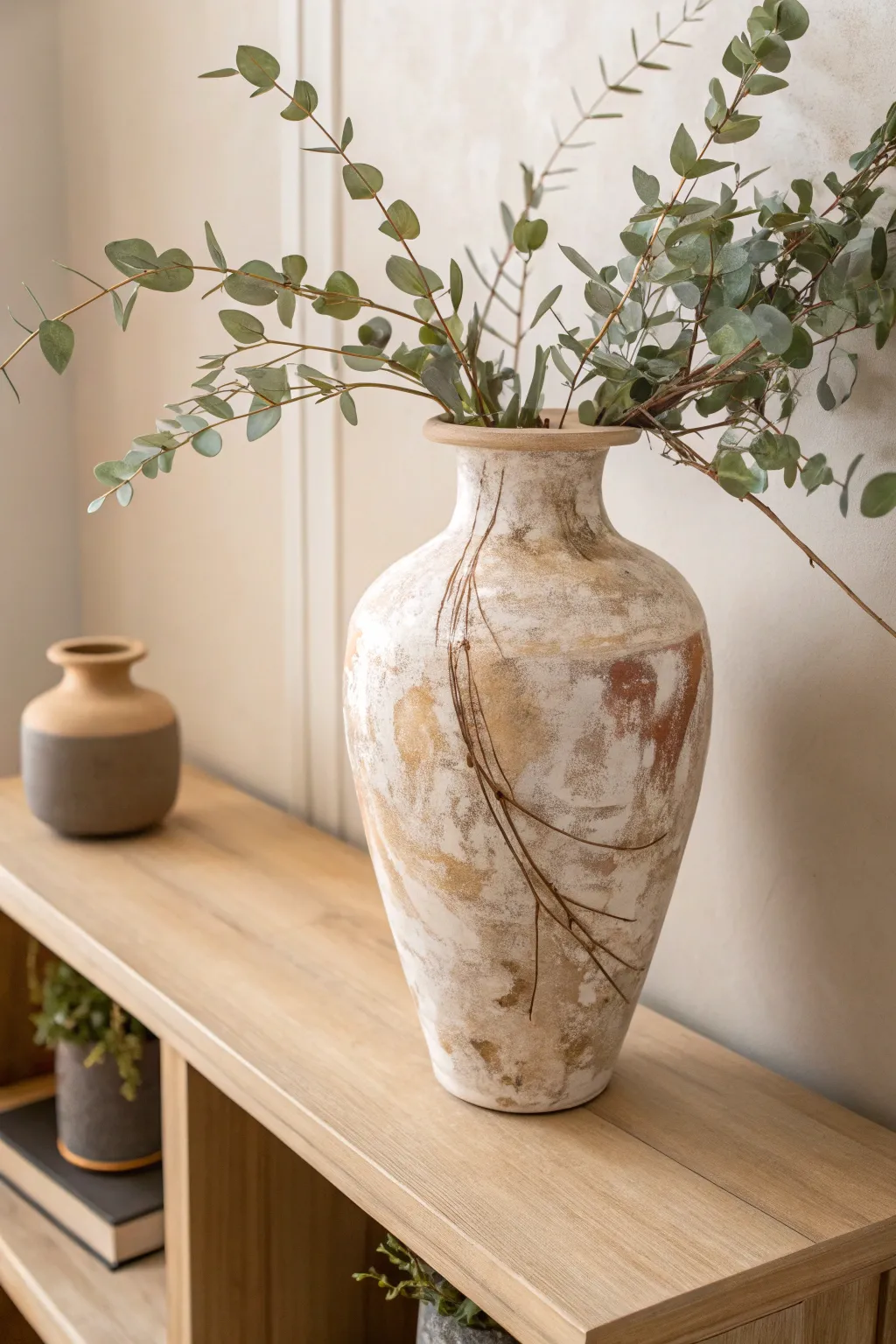 Transform your space with the textured elegance of a hand-painted mud vase, where simplicity meets natural beauty.