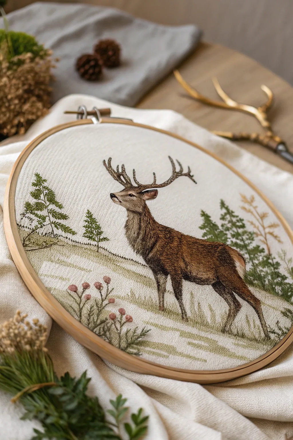 Bring the serenity of wildlife into your home with this exquisite needlepoint deer wall art.