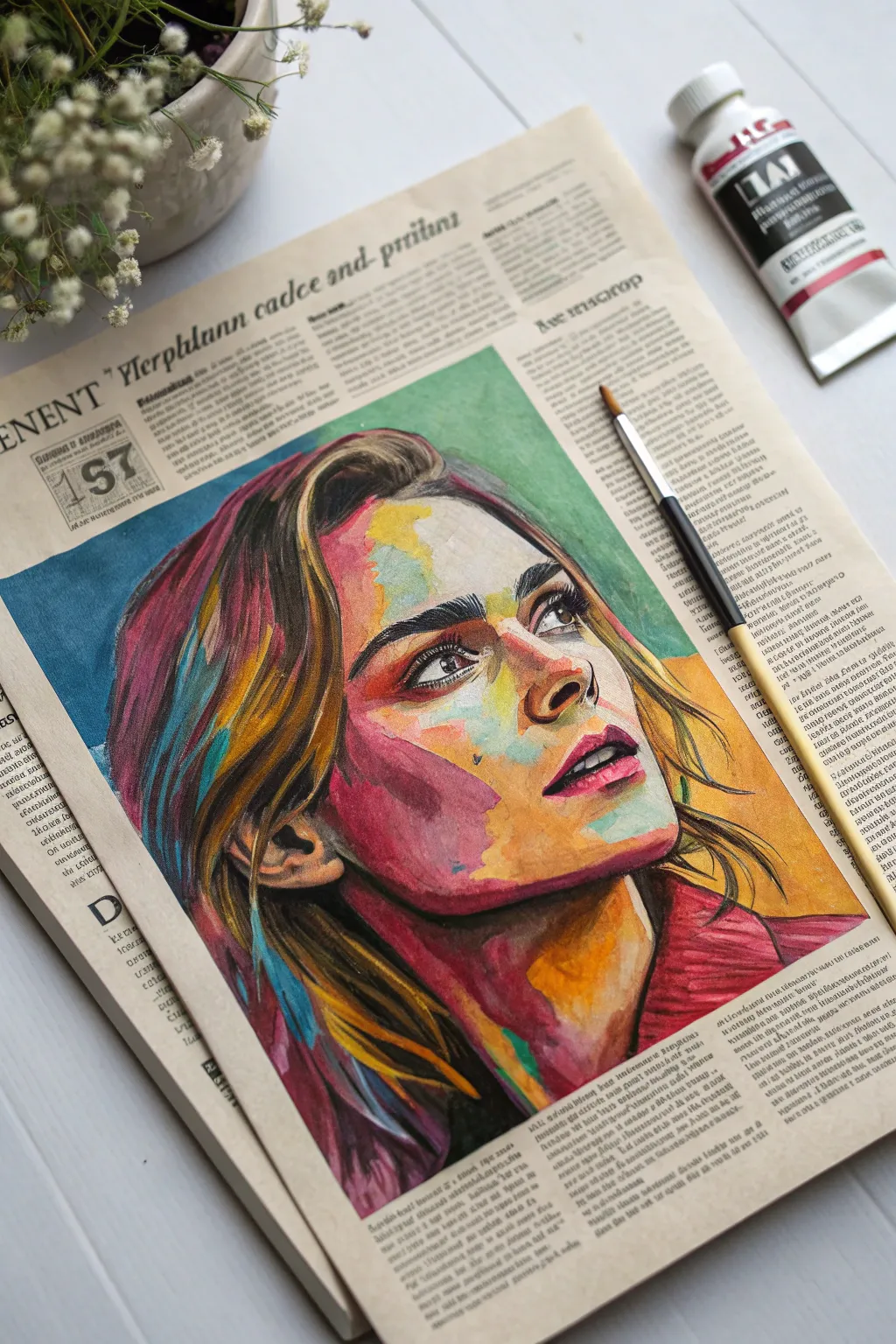 Discover the art of storytelling through vibrant newspaper portraits, where bold strokes meet minimalist elegance.
