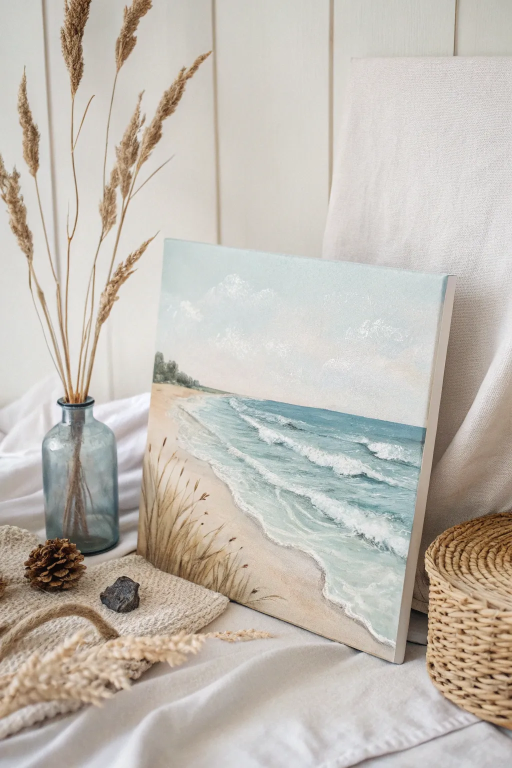 Embrace tranquility with this minimalist beach scene in soft pastels—an ode to serene seaside moments.