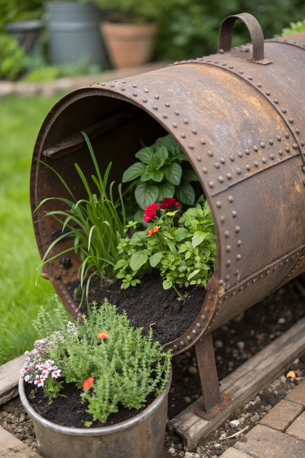 Transforming history into beauty: A vintage air tank planter brings charm and greenery to your garden!