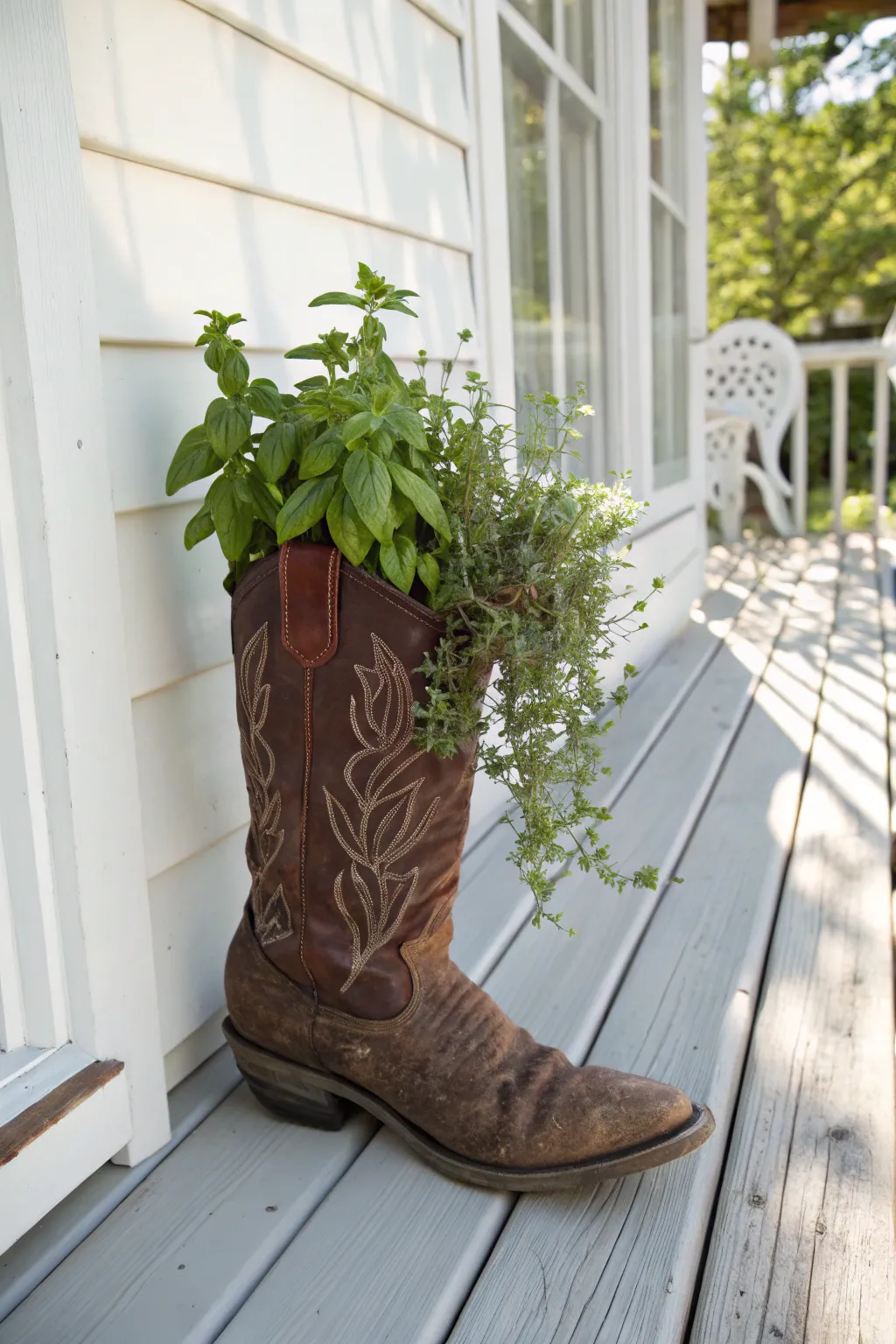 Rustic charm meets fresh flavors: Cowboy boot herb garden.