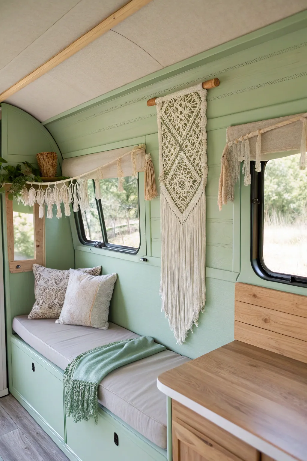Transform your camper into a serene retreat with a fresh coat of sage green paint. Embrace simplicity and elegance with Scandinavian and Boho touches.